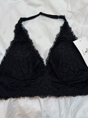 Luvfette black floral lace halter bralette, Med, NWT